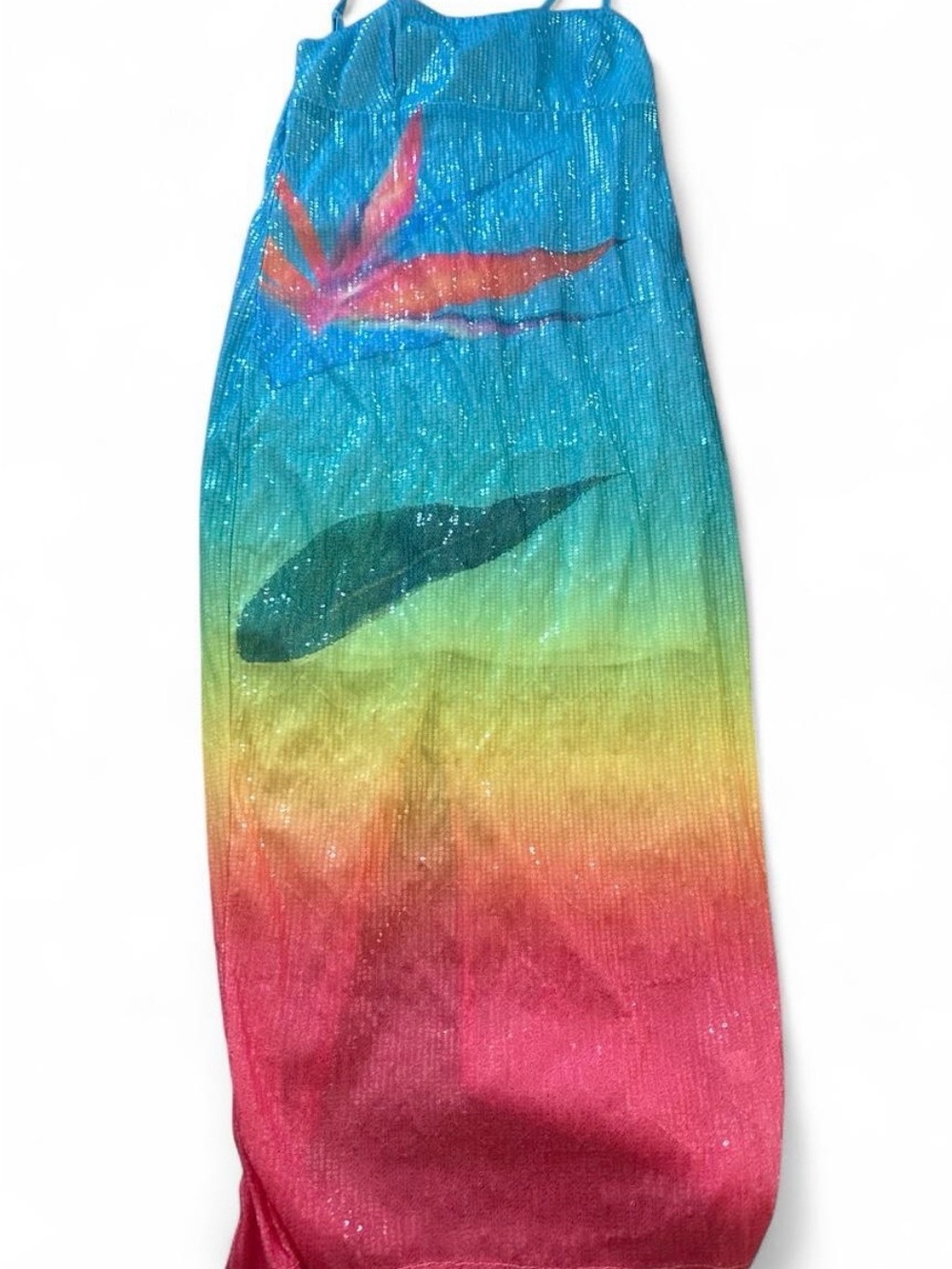 Blue to Pinkish Ombre Maxi Dress with Tropical Leaf Motif Zara Larsen inspired